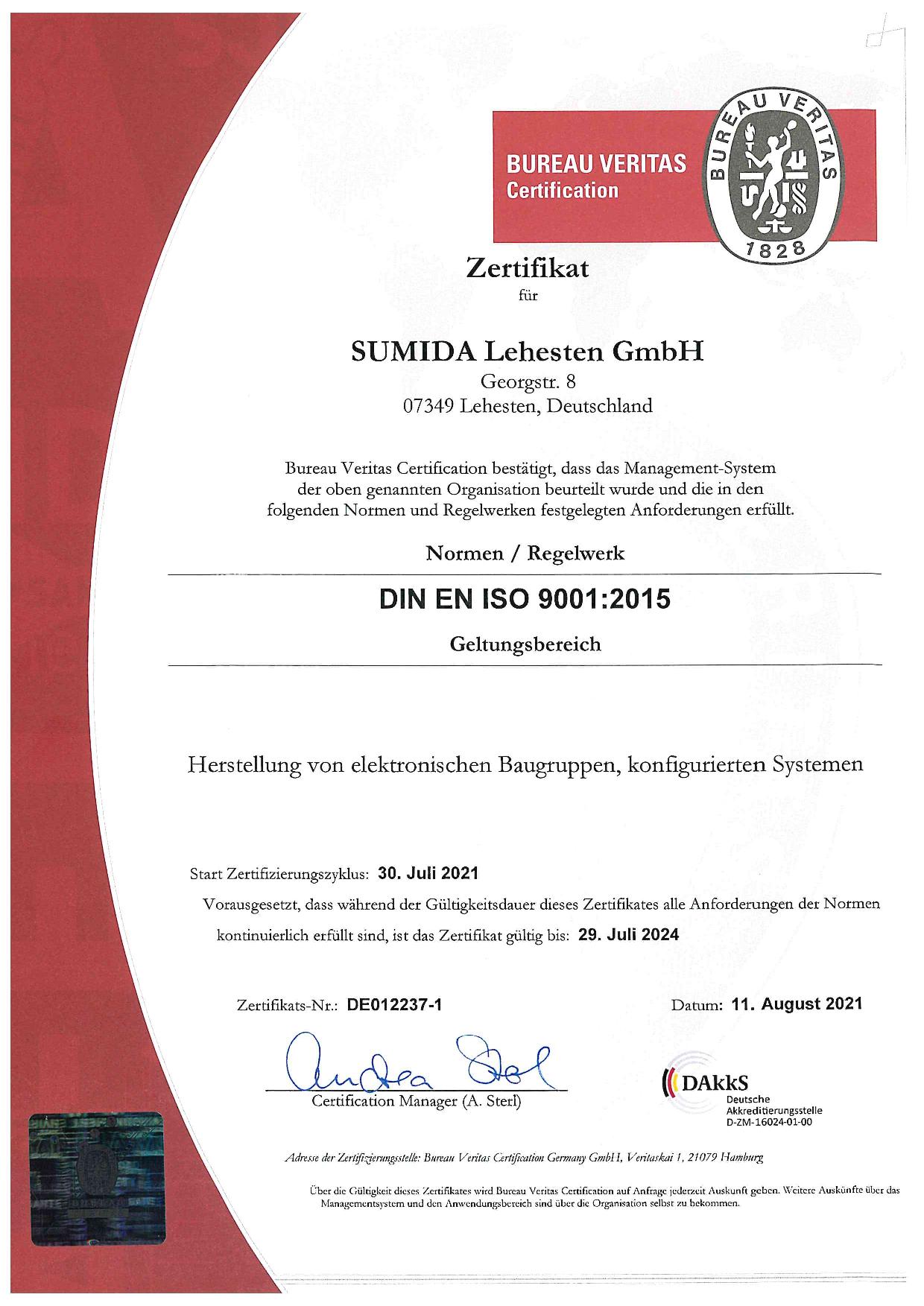Zertifikat ISO 9001 SUMIDA Lehesten GmbH RA 2018 DE009081 1 DE Rev