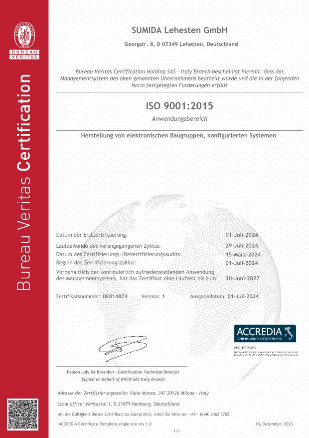 Zertifikat ISO 9001 SUMIDA Lehesten GmbH RA 2018 DE009081 1 DE Rev
